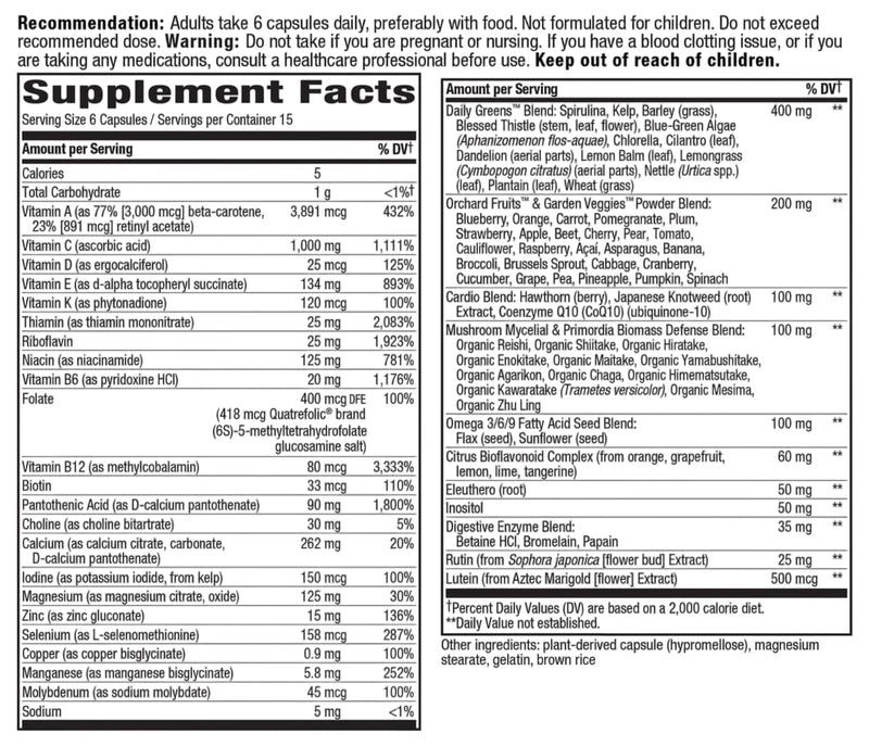 alive max 6 potency adult complete multivitamin (no iron) nature's way supplement facts