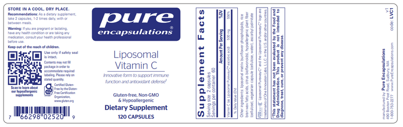 Liposomal vitamin C 120's (Pure Encapsulations) label