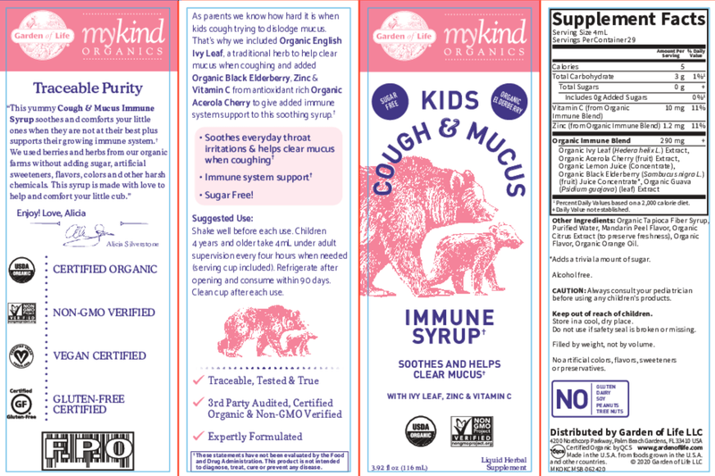 myKind Kids Cough & Mucus Immune Syrup (Garden of Life) Label