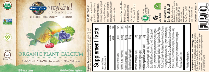 mykind Organics Plant Calcium (Garden of Life) Label