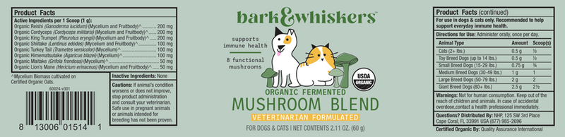 Mushroom Complex Organic for Pets (Dr. Mercola) label