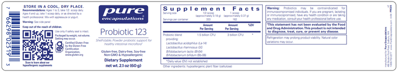 Probiotic 123 60g (Pure Encapsulations) label