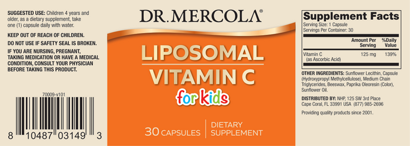 Liposomal Vitamin C for Kids (Dr. Mercola) label