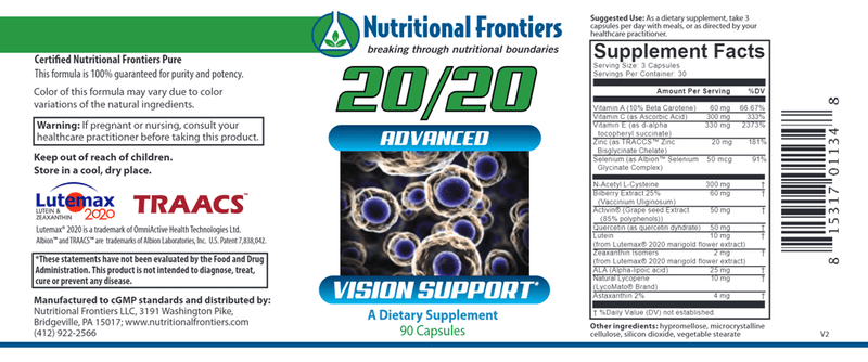 20/20 Eye Formula (Nutritional Frontiers) Label