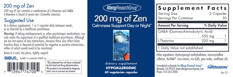 200 mg of Zen (Allergy Research Group) label