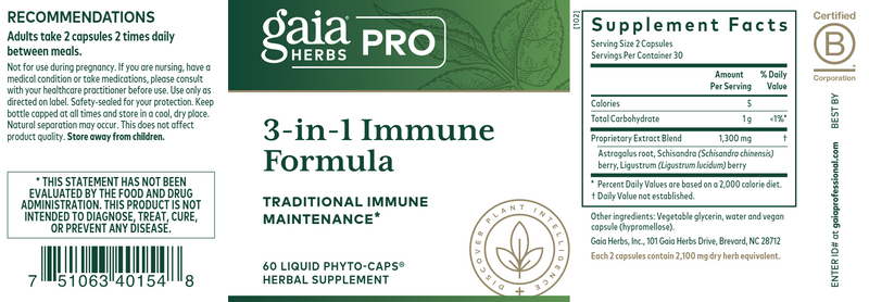 3-in-1 Immune Formula (Gaia Herbs Professional Solutions) Label