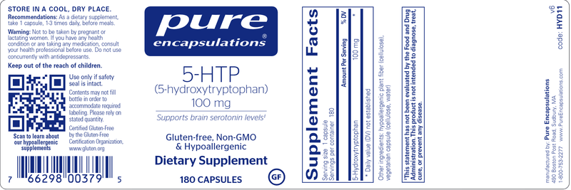 5-HTP 100 Mg 180 Caps Pure Encapsulations label