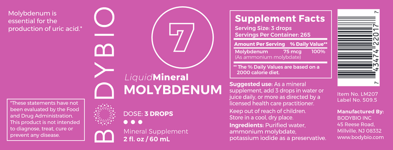 7 Molybdenum Trace Minerals (BodyBio) Label