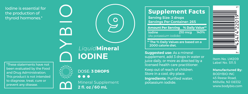 9 Iodine Trace Minerals (BodyBio) Label