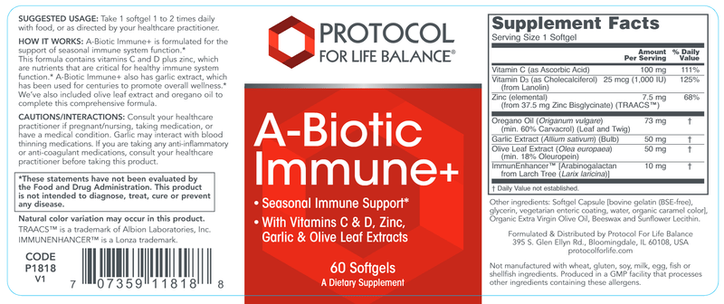 A-Biotic Immune+ (Protocol for Life Balance) Label