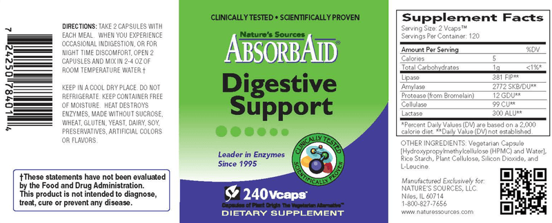 AbsorbAid Digestive Support Capsules (AbsorbAid) 240ct Label
