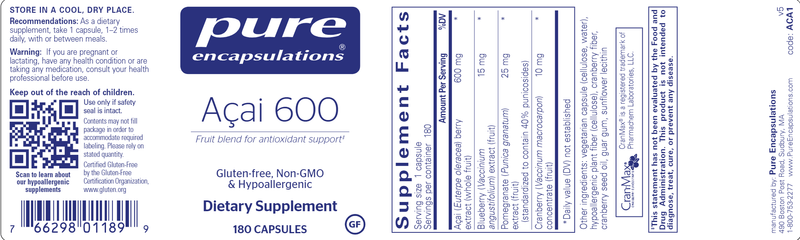 Acai 600 Pure Encapsulations Label