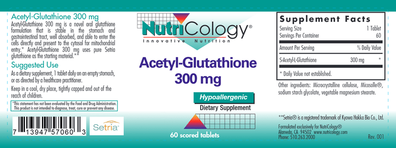 Acetyl Glutathione 300 mg (Nutricology) Label