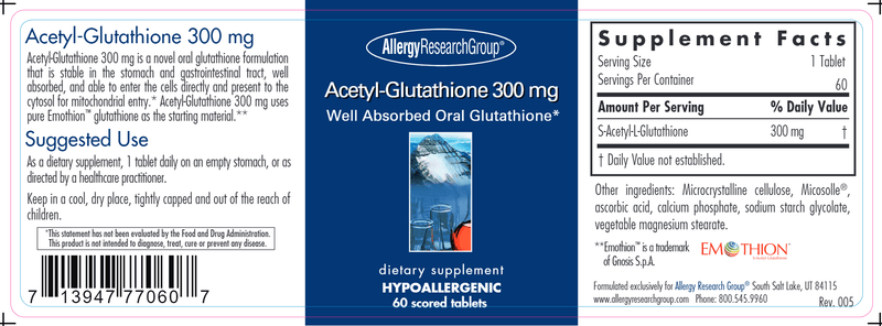Acetyl-Glutathione 300 mg (Allergy Research Group) label