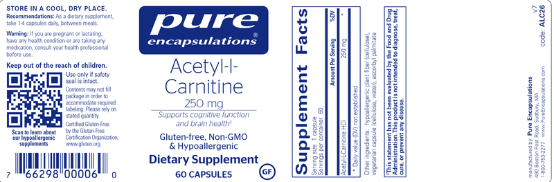 Acetyl L Carnitine 250 Mg Pure Encapsulations Label