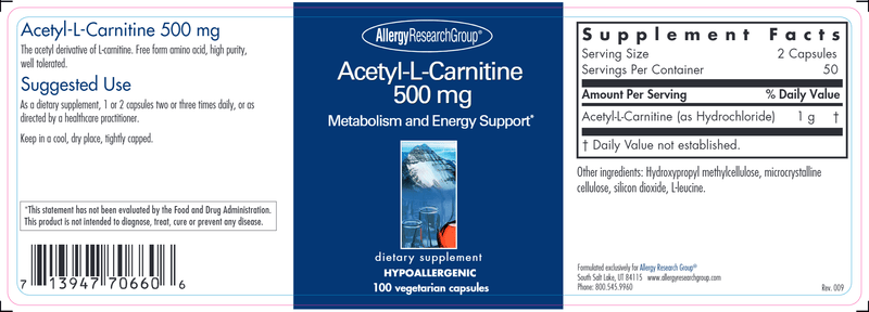 Acetyl-L-Carnitine 500 Mg (Allergy Research Group) label