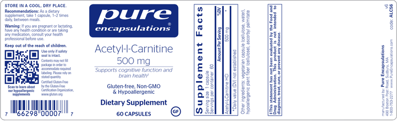 Acetyl L Carnitine 500 mg Pure Encapsulations Label