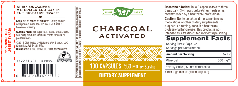Activated Charcoal 560 mg (Nature's Way) Label
