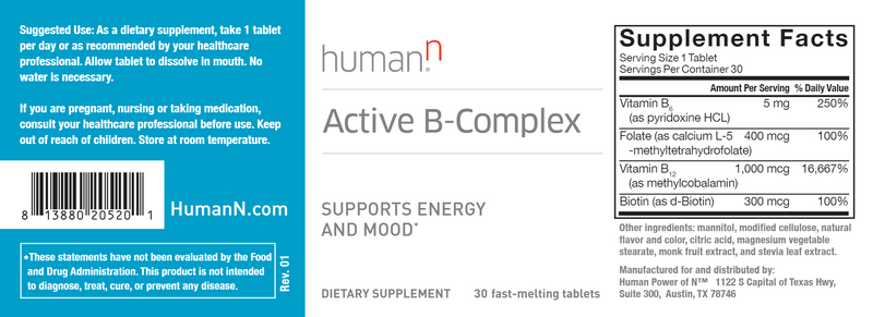 Active B-Complex 30 fast-melt tabs (HumanN) Label
