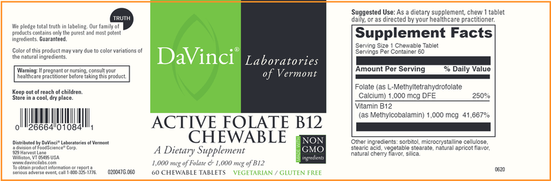 Active Folate B12 Chewable DaVinci Labs Label