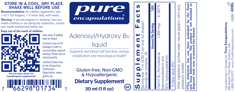 Adenosyl Hydroxy B12 LIQUID Pure Encapsulations Label
