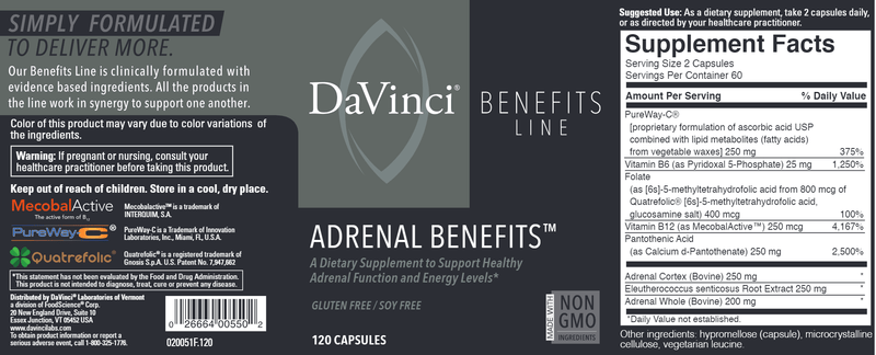 Adrenal Benefits 120 Caps DaVinci Labs Label