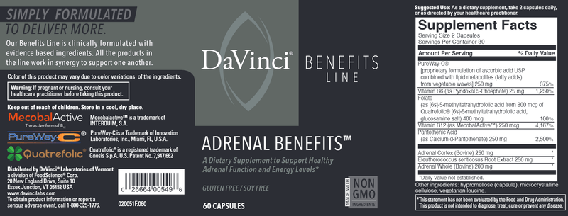 Adrenal Benefits 60 Caps DaVinci Labs Label