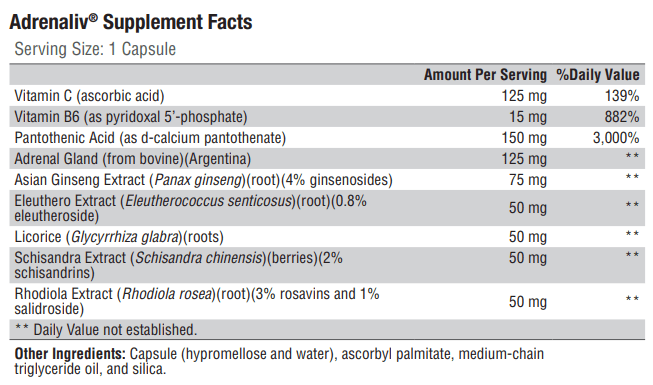Adrenaliv (Xymogen) Supplement Facts