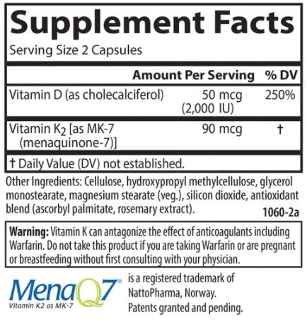 Adult D3 & K2 Supplement Facts Label