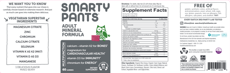 Adult Mineral Formula (SmartyPants Vitamins) Label
