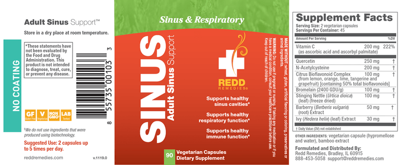 Adult Sinus Support (Redd Remedies) Label