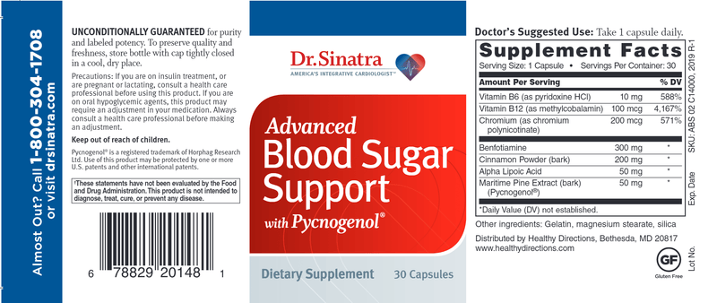 Advanced Blood Sugar Support with Pycnogenol (Dr. Sinatra) Label