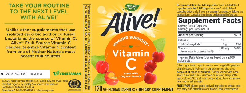 Alive! Immune Support Vitamin C (Nature's Way) Label