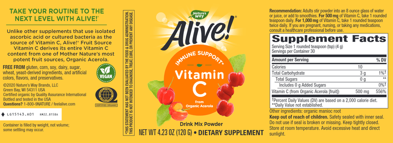 Alive! Organic Vitamin C Powder (Nature's Way) Label
