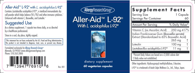 Aller-Aid™ L-92® (Allergy Research Group) label