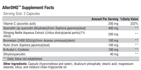 AllerDHQ (Xymogen) Supplement Facts
