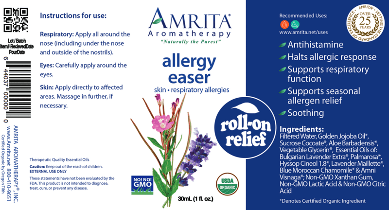 Allergy Easer Roll-On Relief Organic (Amrita Aromatherapy) Label