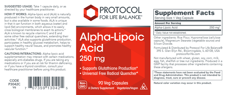 Alpha-Lipoic Acid 250 mg (Protocol for Life Balance) Label