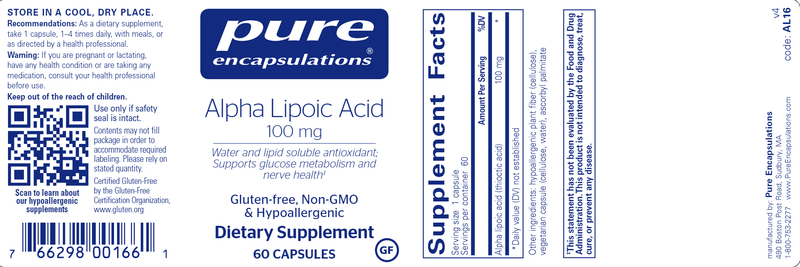Alpha Lipoic Acid 100 mg 60 Caps Pure Encapsulations Label