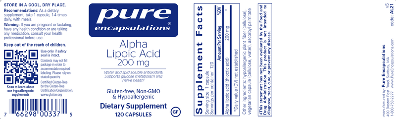 Alpha Lipoic Acid 200 mg 120 Caps Pure Encapsulations Label