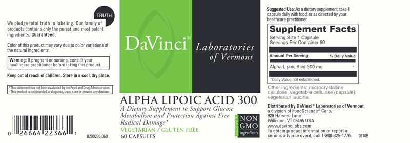 Alpha Lipoic Acid 300 DaVinci Labs Label