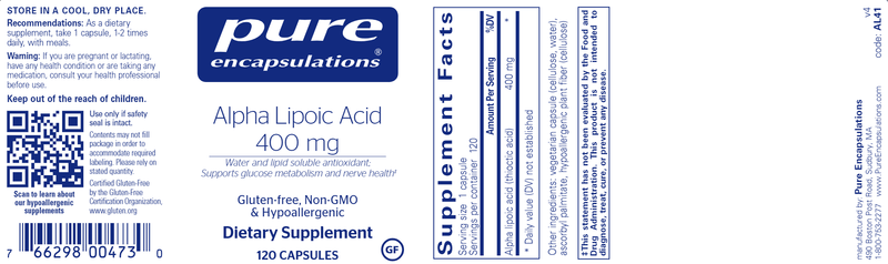 Alpha Lipoic Acid 400mg 120 Caps Pure Encapsulations Label