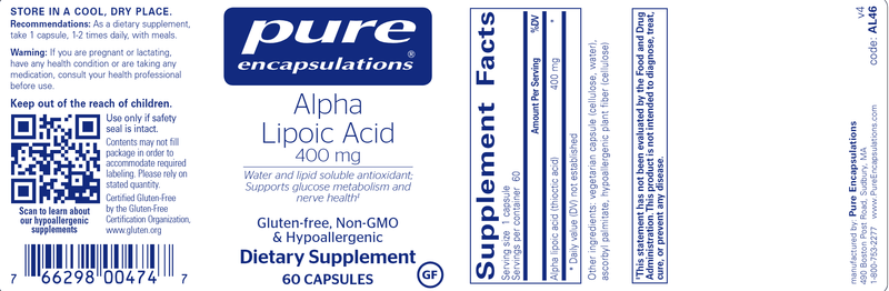 Alpha Lipoic Acid 400mg 60 Caps Pure Encapsulations Label