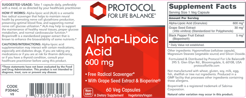 Alpha Lipoic Acid 600 mg (Protocol for Life Balance) Label