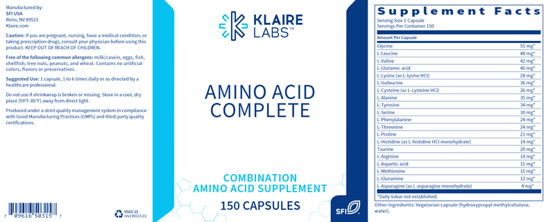 Amino Acid Complete (Klaire Labs) Label