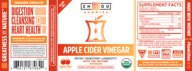 Apple Cider Vinegar (ZHOU Nutrition) Label