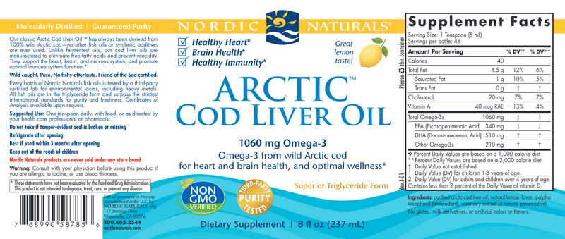 Arctic Cod Liver Oil Lemon (Nordic Naturals) Label