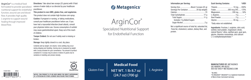 ArginCor (Metagenics) Label