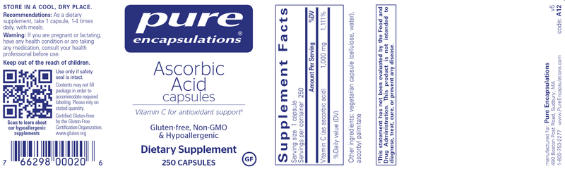 Ascorbic Acid 250 Capsules Pure Encapsulations Label