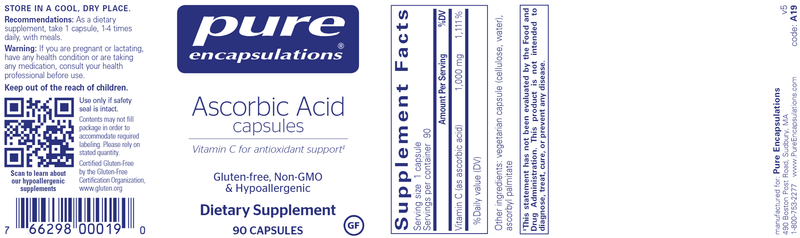 Ascorbic Acid 90 Capsules Pure Encapsulations Label